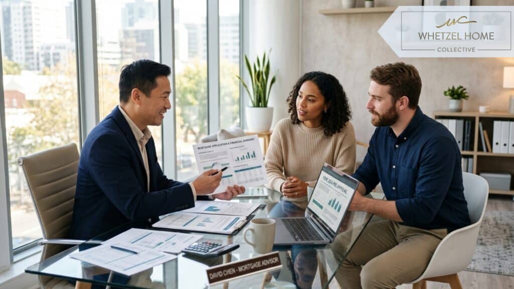 A photorealistic indoor scene of a professional mortgage broker sitting across a modern glass desk from a couple. They are reviewing detailed financial documents. Soft natural lighting from floor-to-ceiling windows, modern minimalist office decor, warm inviting atmosphere.