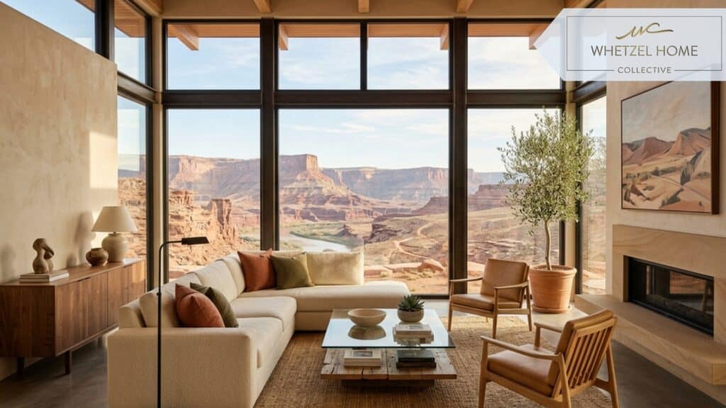A photorealistic interior shot of a luxurious modern living room with floor-to-ceiling windows looking out over the expansive red rock canyons of Southern Utah, minimalist desert-inspired furniture, bright natural sunlight, highly detailed.