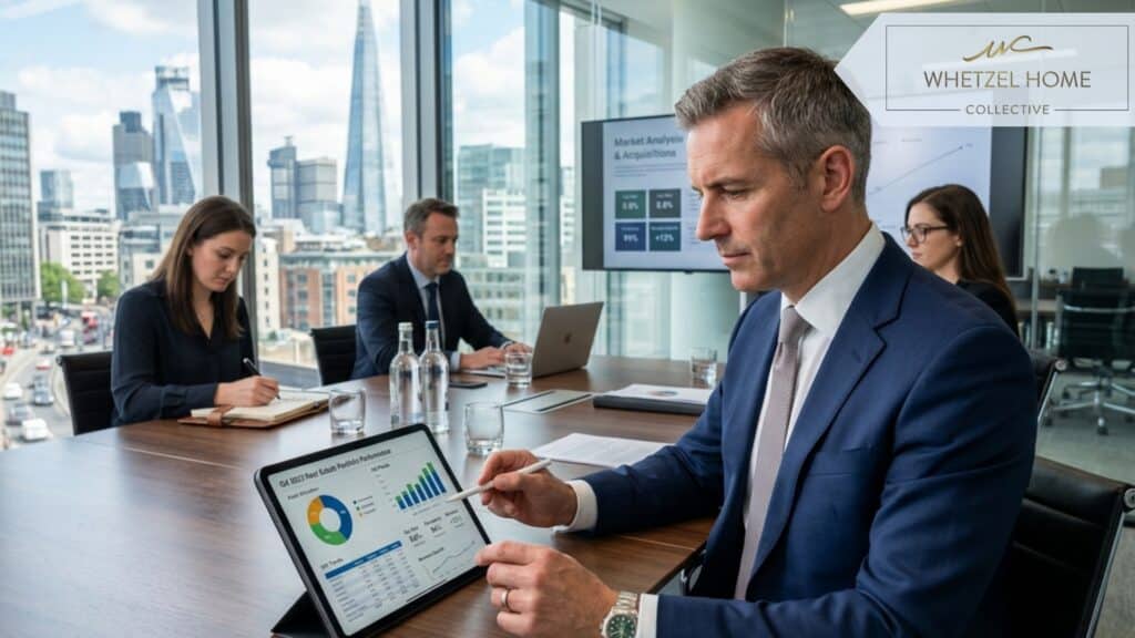 A professional business meeting in a modern glass office, a well-dressed real estate investor reviewing financial charts and property portfolio metrics on a digital tablet, natural window lighting, sharp focus, corporate photorealistic style.