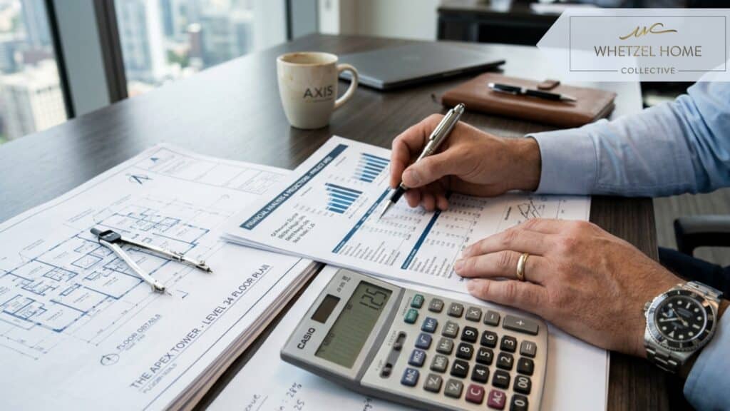 Close-up of hands reviewing complex financial documents on a sleek modern desk, a calculator showing a 1.25 ratio next to architectural blueprints, soft natural window lighting, photorealistic corporate style, sharp focus on the calculator and documents.