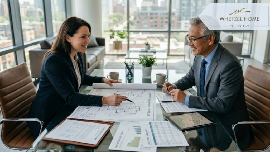 A professional real estate investor and a private lender sitting across a modern glass desk reviewing financial documents and blueprints. Bright natural lighting, modern office setting, photorealistic, cinematic depth of field, warm and trusting mood.