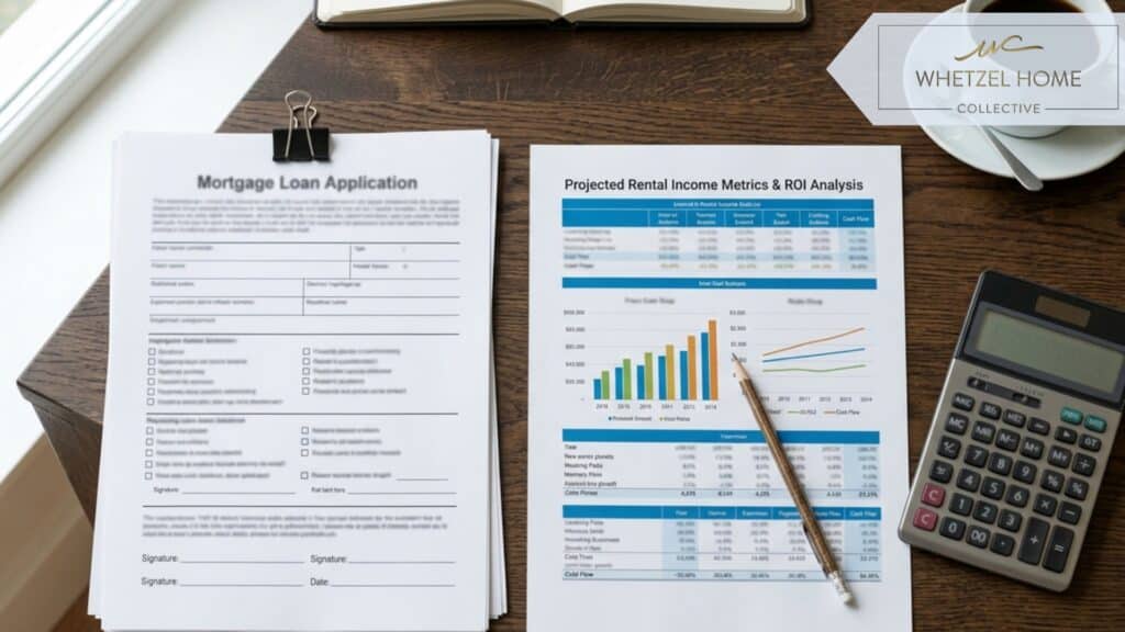 A photorealistic flat-lay on a clean wooden desk showing professional real estate financial planning. Items include a printed mortgage application, a sleek modern calculator, a cup of black coffee, and a printed chart showing projected rental income metrics. Bright natural lighting, corporate but approachable style, no legible text or brand logos.