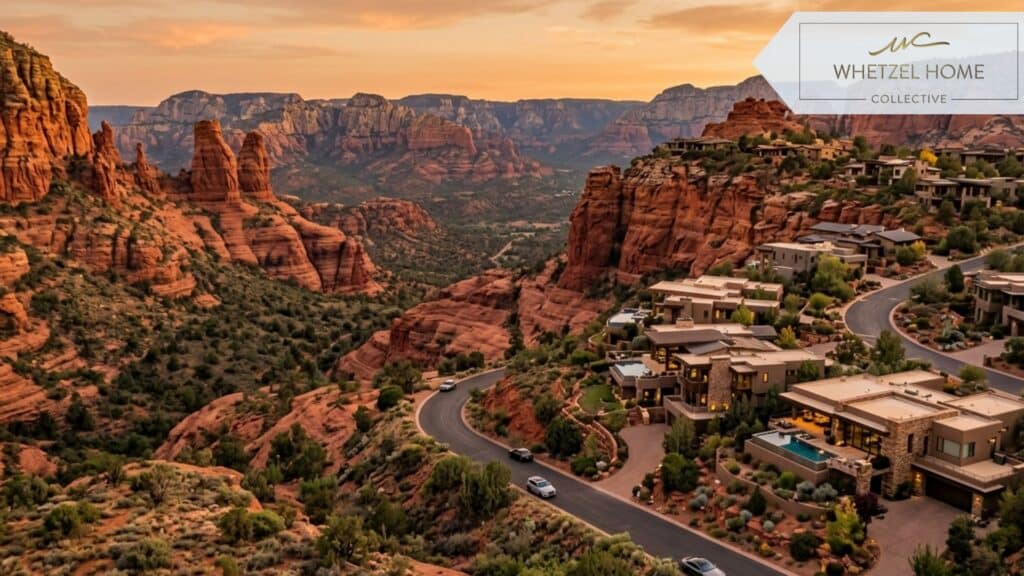 A sweeping landscape photo of upscale residential properties built into the red rocks of a desert valley, warm golden hour lighting, cinematic composition, deep depth of field, photorealistic
