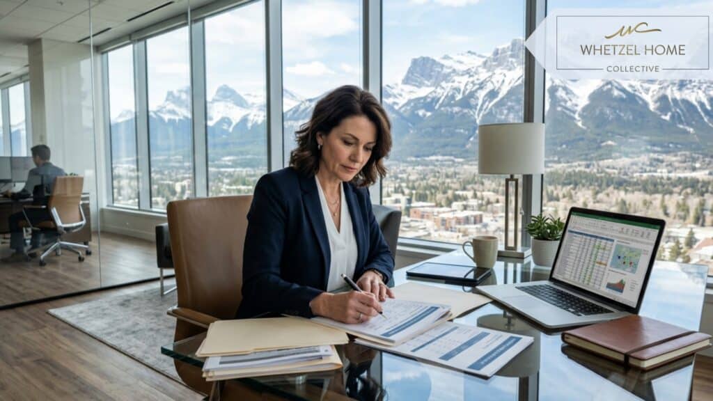 A professional real estate investor reviewing financial documents and property appraisals in a modern office, floor-to-ceiling windows overlooking snow-capped mountain peaks in the background, sleek glass desk, photorealistic style, natural soft daylight.