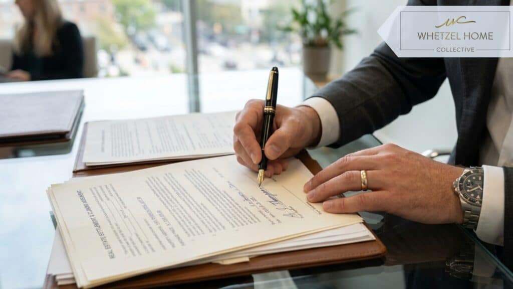 A close-up photorealistic shot of a professional individual's hands signing complex real estate settlement documents with a luxury fountain pen on a glass desk, soft natural window light, modern office setting, depth of field blurring the background.