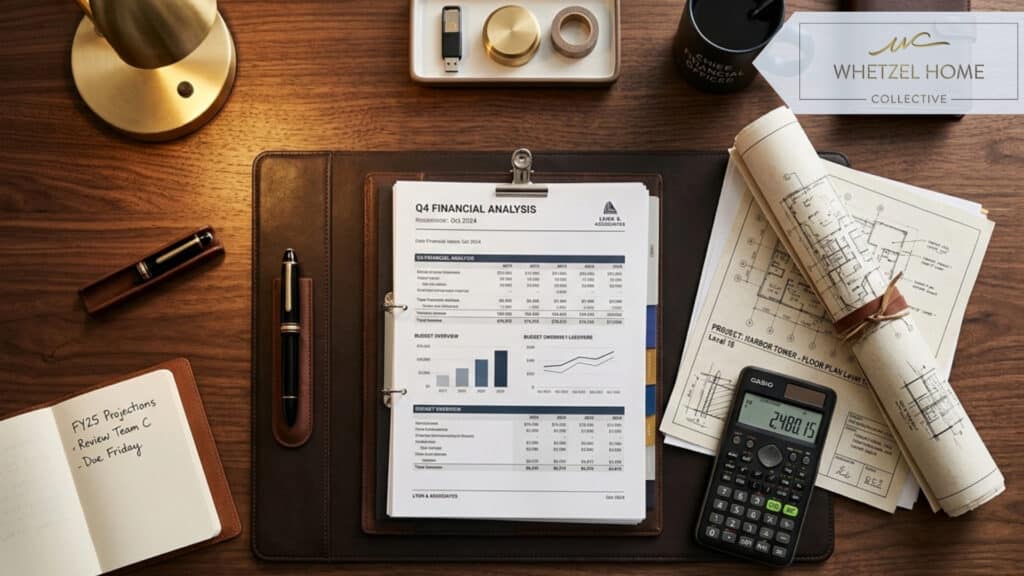 A top-down view of a wooden executive desk featuring organized financial documents, a modern calculator, a fountain pen, and a rolled architectural blueprint, illuminated by warm indoor lighting, professional photography, high resolution.