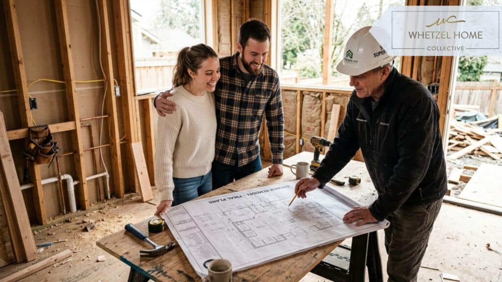 A photorealistic scene of a young couple standing in a partially demolished, unfinished home kitchen with exposed wall studs. They are happily reviewing large architectural blueprints spread across a makeshift plywood table with a professional general contractor wearing a hardhat. Soft natural sunlight streaming through framed window openings, optimistic mood, high resolution.