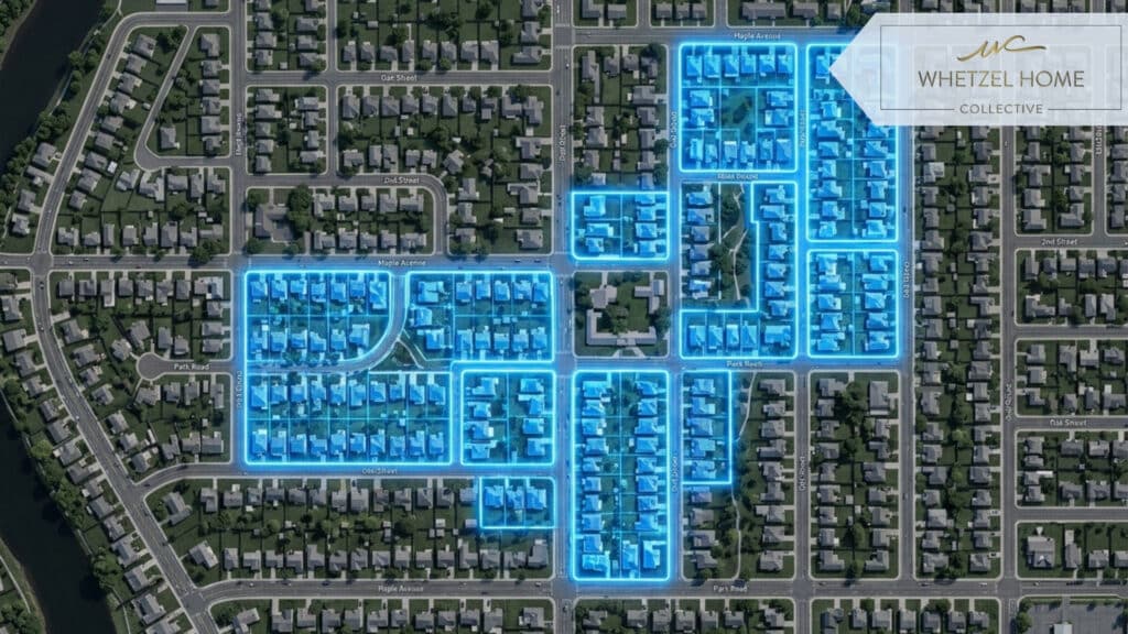 A top-down architectural style digital map rendering of a suburban area, highlighting specific residential blocks in glowing blue to indicate approved zoning overlay districts, while the rest of the neighborhood is in neutral gray. Photorealistic 3D map style, sharp focus, professional urban planning aesthetic.