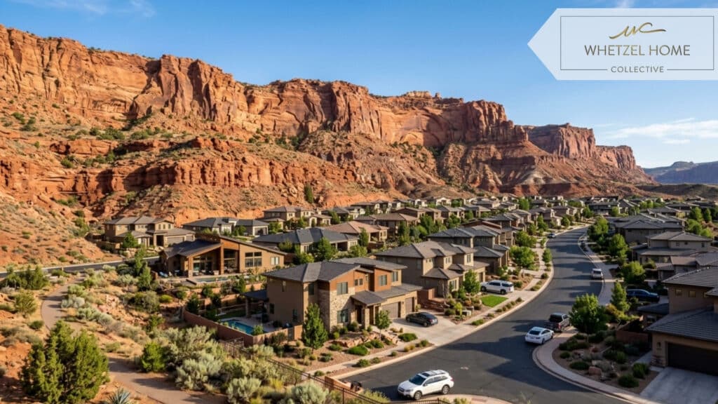 A photorealistic scenic landscape showing modern suburban homes nested against dramatic red sandstone cliffs under a clear blue sky, natural bright lighting, wide angle, architectural photography.