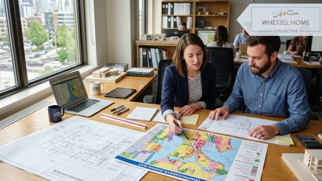 A modern urban planning office with architectural blueprints and colorful zoning maps spread across a large oak desk, soft natural lighting through a window, photorealistic style, professional and organized atmosphere.