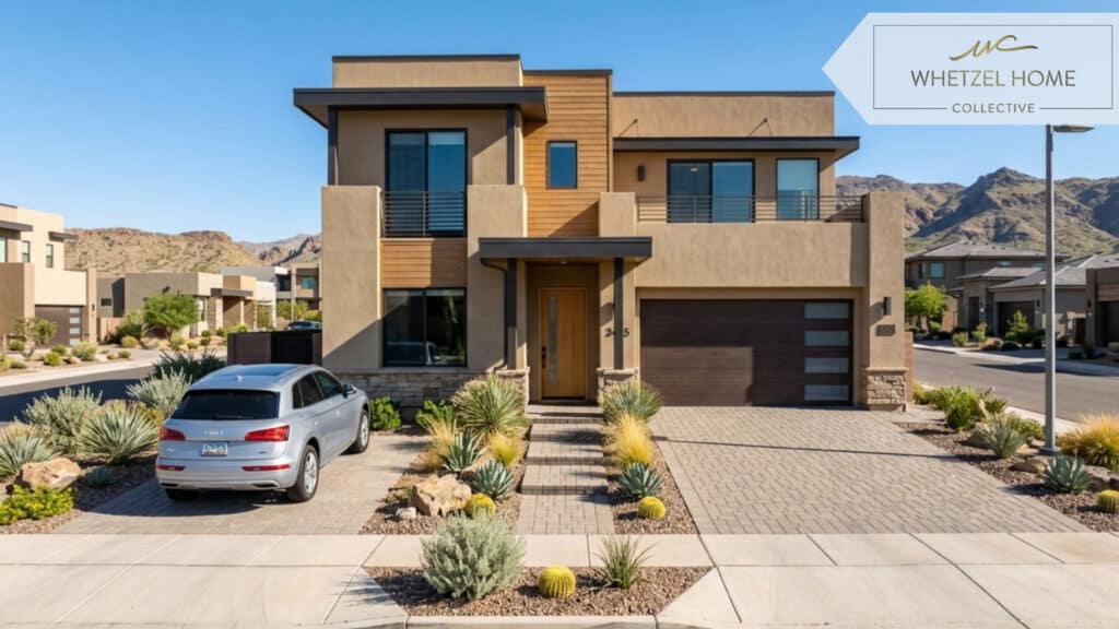 A photorealistic eye-level shot of a modern desert-style townhome exterior featuring a spacious, cleanly paved double driveway with a car parked, clear blue sky, well-maintained desert landscaping, bright daytime lighting, crisp architectural details.