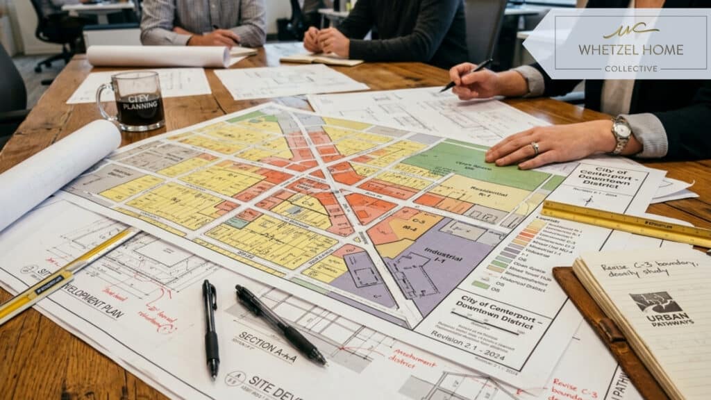 A detailed close-up of a modern urban planning zoning map laid out on a wooden conference table, architectural blueprints, warm overhead lighting, professional office environment, soft depth of field, highly detailed, photorealistic