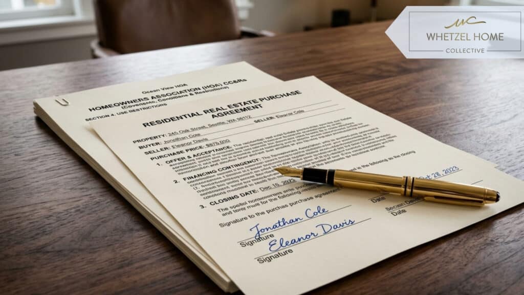 A close up photorealistic shot of a modern real estate contract and HOA CC&R documents resting on a walnut wooden desk, a sleek gold pen lying on top, soft natural window light, shallow depth of field, professional corporate mood, 8k.