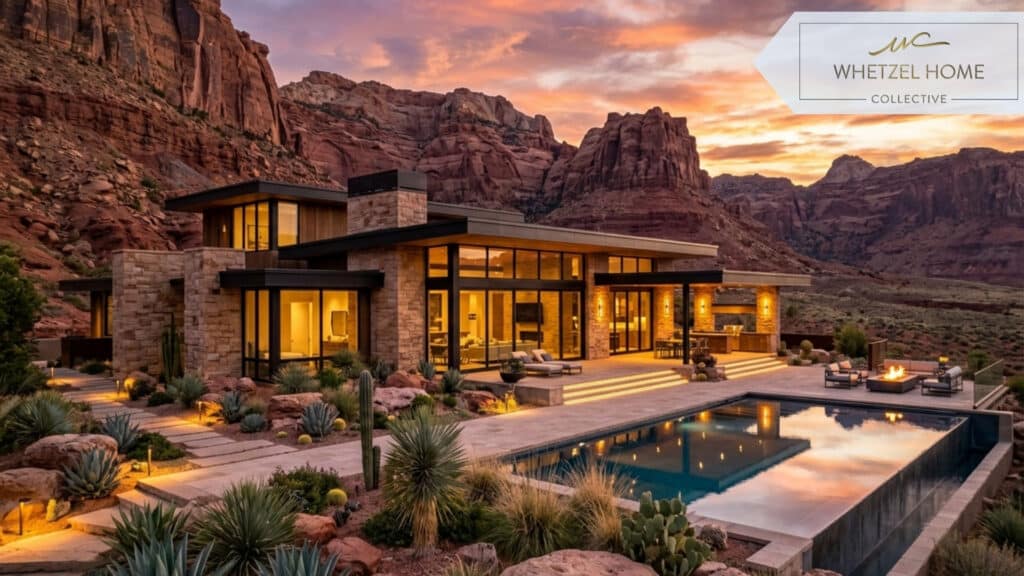 A wide-angle exterior shot of a beautiful modern desert home in southern Utah at sunset. Stunning red rock formations in the background, luxurious desert landscaping, warm glowing exterior lights, photorealistic, high-end real estate photography style.