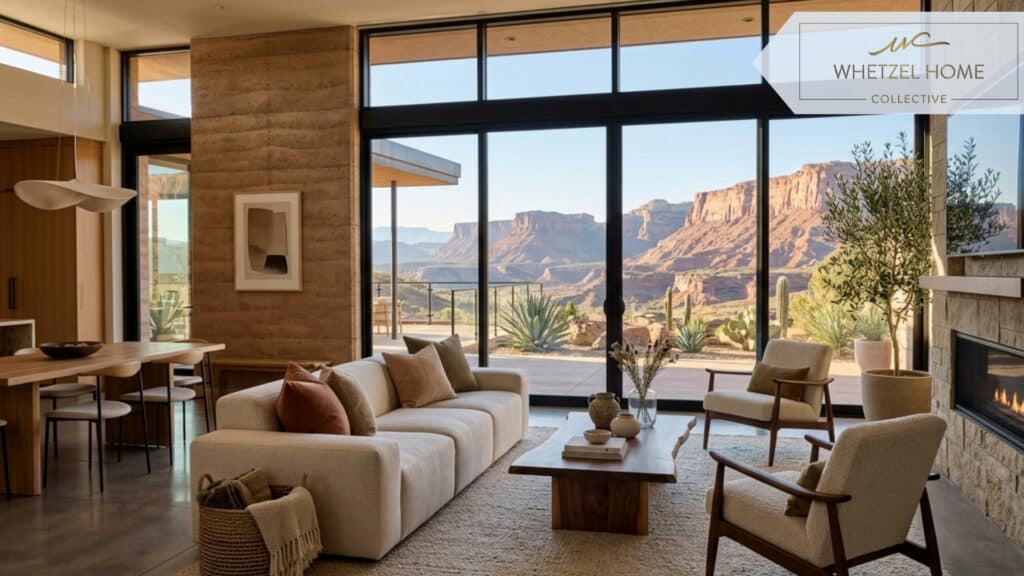 A stunning modern desert villa interior, expansive floor-to-ceiling windows showing distant red rock cliffs, chic minimalist furniture in warm neutral tones, highly detailed, photorealistic, natural sunlight flooding the room.