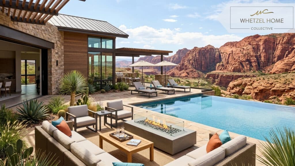 A luxurious outdoor patio of a desert vacation home in St. George, featuring a modern fire pit, comfortable lounge seating, and a pristine infinity pool overlooking stunning red rock cliffs, photorealistic, bright midday sun, vibrant colors, architectural style.