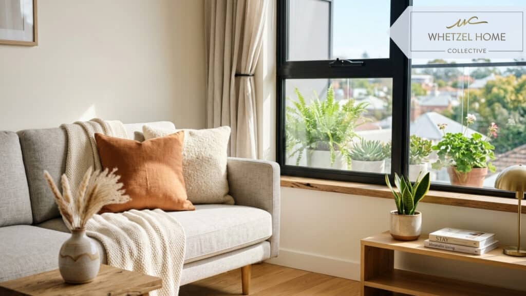 Close up of a pristine, elegantly designed living room in a short-term rental property, modern minimalist decor with subtle rustic touches, bright natural sunlight streaming through a large window, photorealistic, high quality.