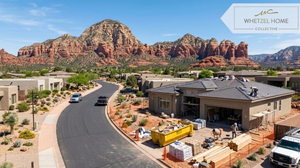 A photorealistic wide shot of a modern residential neighborhood in a desert setting with red rock mountains in the background. In the foreground, a single-story stucco home is undergoing exterior renovations, surrounded by neatly stacked construction materials and modern desert landscaping elements. Clear blue sky, mid-day sunlight, highly detailed.