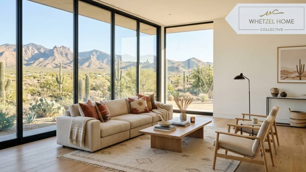 Bright, minimalist living room of a high-end vacation rental property, large floor-to-ceiling windows showing beautiful desert landscape, neat and professionally cleaned, neutral colors with southwestern accents, photorealistic interior design photography.