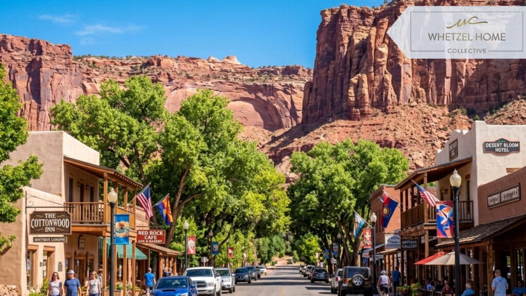 A picturesque main street in a desert town lined with mature cottonwood trees and boutique lodging, massive red rock canyon walls rising dramatically in the immediate background, bright sunny day, photorealistic, vibrant colors, clear blue sky.