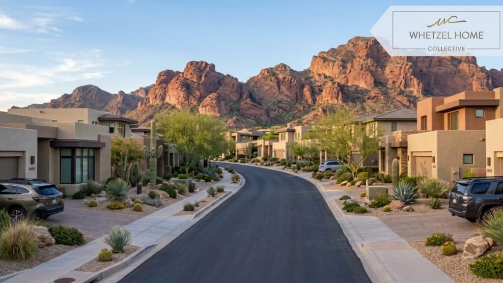 A photorealistic shot of a quiet, pristine residential street in a desert community. The image features modern single-family homes with stucco exteriors, drought-tolerant desert landscaping in the front yards, and a stunning backdrop of jagged red rock mountains. Soft afternoon lighting, peaceful atmosphere, high resolution.