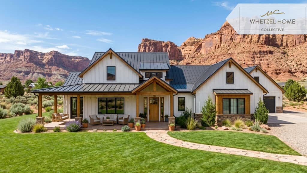 A beautiful modern farmhouse-style home in Southern Utah with a sprawling green lawn and a large covered porch, set against a backdrop of majestic red rock cliffs under a clear blue sky. Natural midday lighting, professional architectural photography, hyper-realistic, welcoming mood.