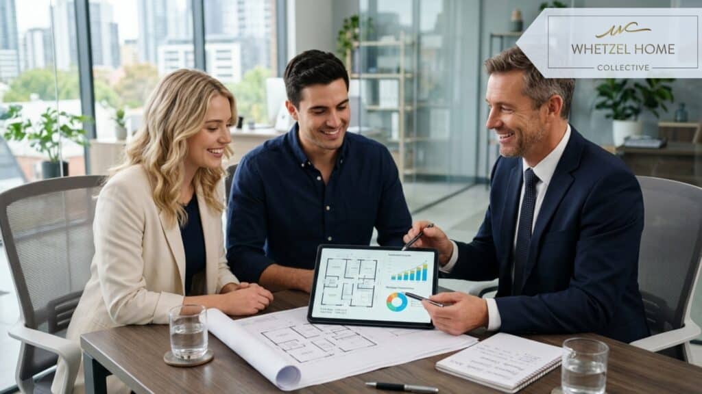 A professional meeting between a financial advisor in a suit and a young couple at a sleek modern office desk, reviewing real estate blueprints and financial charts on a tablet, soft natural window lighting, photorealistic, high resolution, optimistic mood