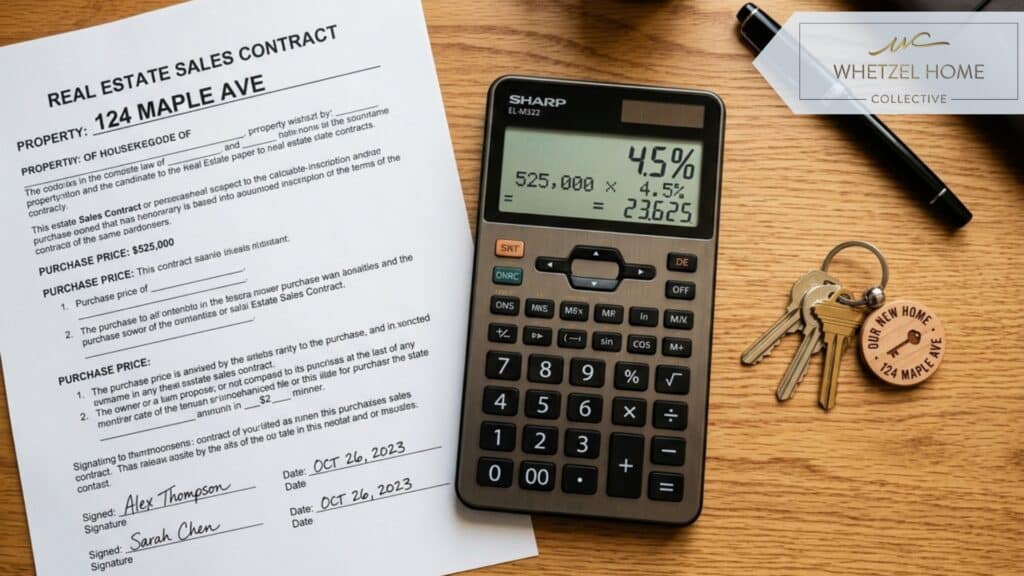A close-up, top-down view of a modern wooden desk. A real estate contract, a sleek metallic calculator, and a set of house keys are neatly arranged. Warm ambient lighting, photorealistic style, sharp focus on the calculator showing percentage figures, conveying financial planning.