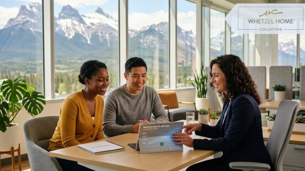 A photorealistic scene of a young, diverse couple sitting across a desk from a professional female financial advisor in a bright, modern office with large windows showing a mountain landscape. The advisor is pointing to a digital tablet displaying a rising line graph. Warm, optimistic lighting, shallow depth of field, high resolution.