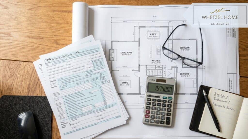 A top-down view of a modern wooden desk organized with IRS tax forms, a sleek silver calculator, reading glasses, and architectural home blueprints, natural soft window lighting, photorealistic, clean and professional aesthetic, warm color palette.