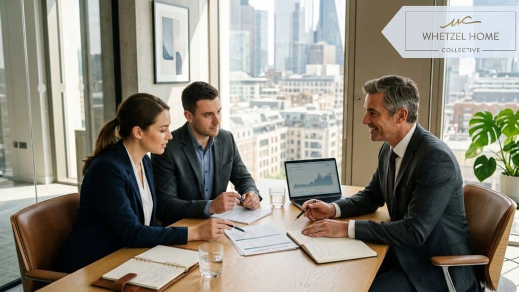 A highly detailed, photorealistic image of a professional couple reviewing financial mortgage documents with a male financial advisor in a sleek, modern office. Bright natural light streaming through large windows, modern minimalist furniture, conveying trust and financial security, warm tones.