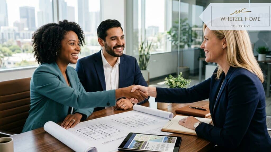 A close-up of a diverse married couple smiling and shaking hands with a professional real estate agent across a sleek wooden desk in a brightly lit, modern office setting, architectural blueprints and a digital tablet on the desk, photorealistic, professional lighting.