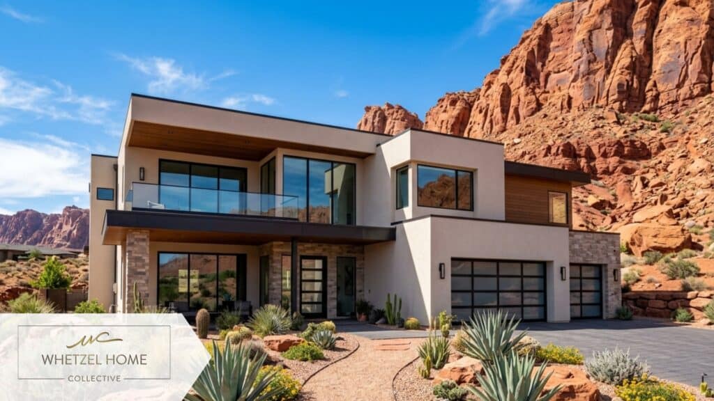 A striking photorealistic exterior shot of a modern stucco home in St. George Utah, featuring a contemporary design with large windows, desert-friendly landscaping with agave and small boulders, contrasting against a majestic red sandstone cliff backdrop under a vivid blue sky, vibrant colors