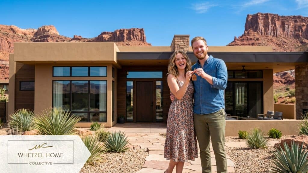 A happy young couple standing in front of a modern desert-style home in Southern Utah, holding a house key, sunny day, vibrant blue sky, red rock landscape in the background, ultra-realistic, bright and optimistic mood.