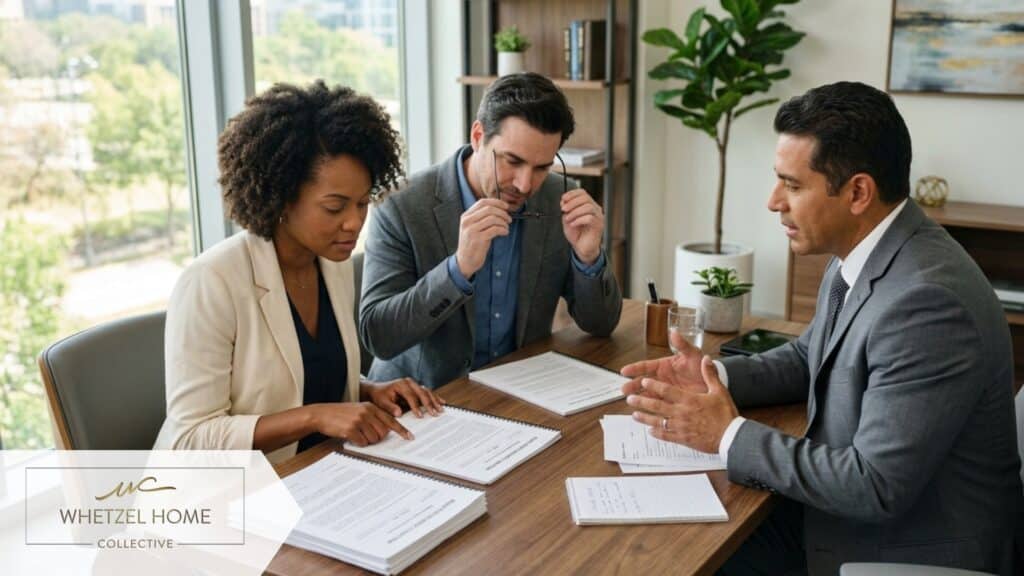 A professional, well-lit scene of a diverse couple sitting across from a real estate advisor at a modern wooden desk, carefully reviewing a legal contract, serious but optimistic mood, soft natural lighting coming from a nearby window, photorealistic.
