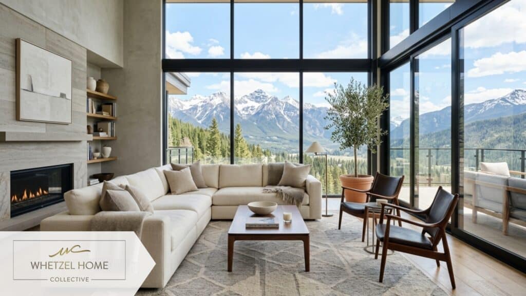 A luxurious minimalist interior living room of a high-end rental property, staged with modern comfortable furniture, large floor-to-ceiling windows showing a beautiful mountain landscape outside, bright and airy, interior design photography, highly detailed.