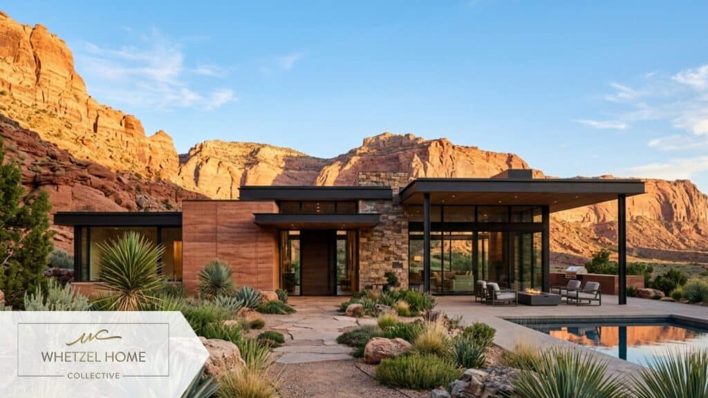 Beautiful modern desert home exterior in southern Utah red rock landscape, clear blue sky, green desert landscaping featuring agave and rocks, photorealistic architectural photography, golden hour lighting, cinematic composition.