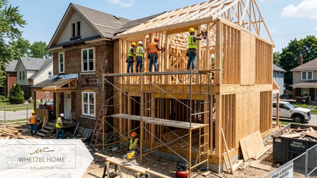 A busy construction site of a residential fix-and-flip property. Workers in hardhats framing a new addition, exposed wood framing, bright midday sunlight, photorealistic style, high quality, symbolizing property rehabilitation and investment progress.