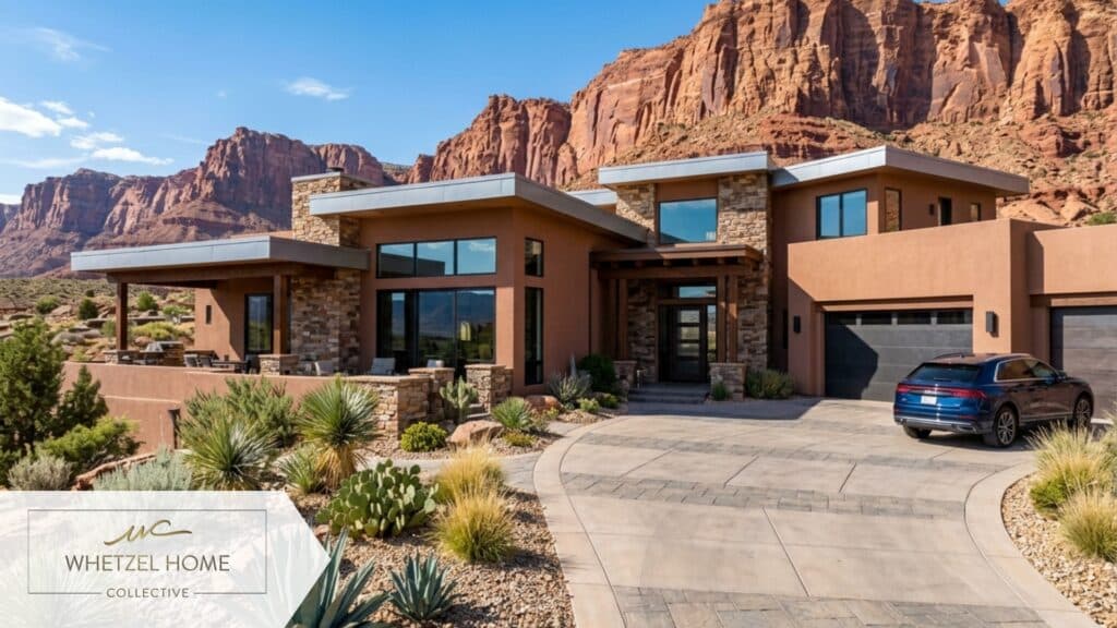 A stunning exterior shot of a modern southwest-style home in Washington County, Utah. The home features desert landscaping with agave plants and gravel, a smooth stucco facade, and a beautifully paved driveway. Massive red sandstone cliffs loom elegantly in the background under a clear blue sky. Photorealistic, vibrant colors, highly detailed architectural photography.