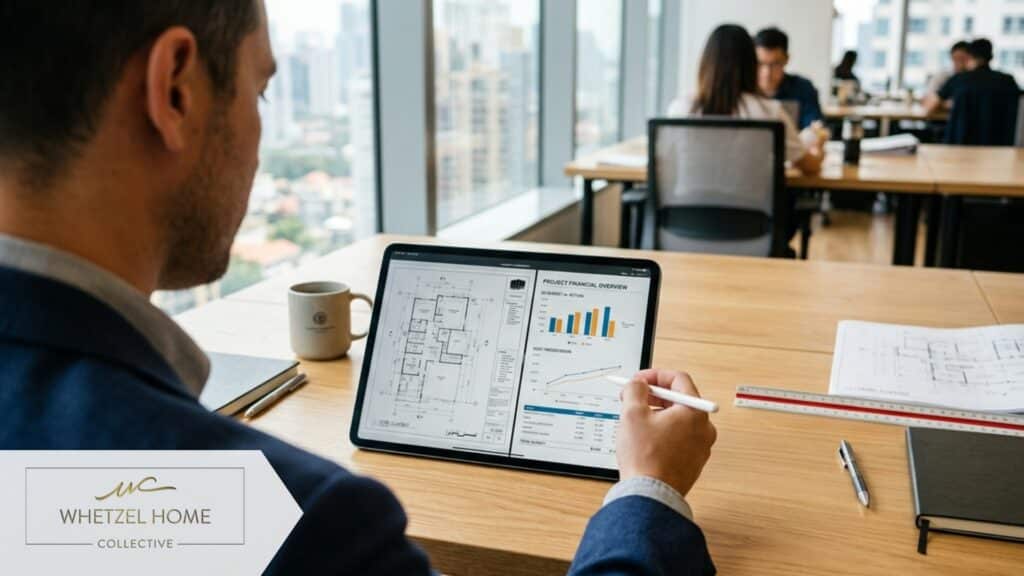 A close up over the shoulder shot of a professional in a modern office analyzing architectural blueprints and financial charts on a tablet, natural window light, sleek wooden desk, high quality professional photography