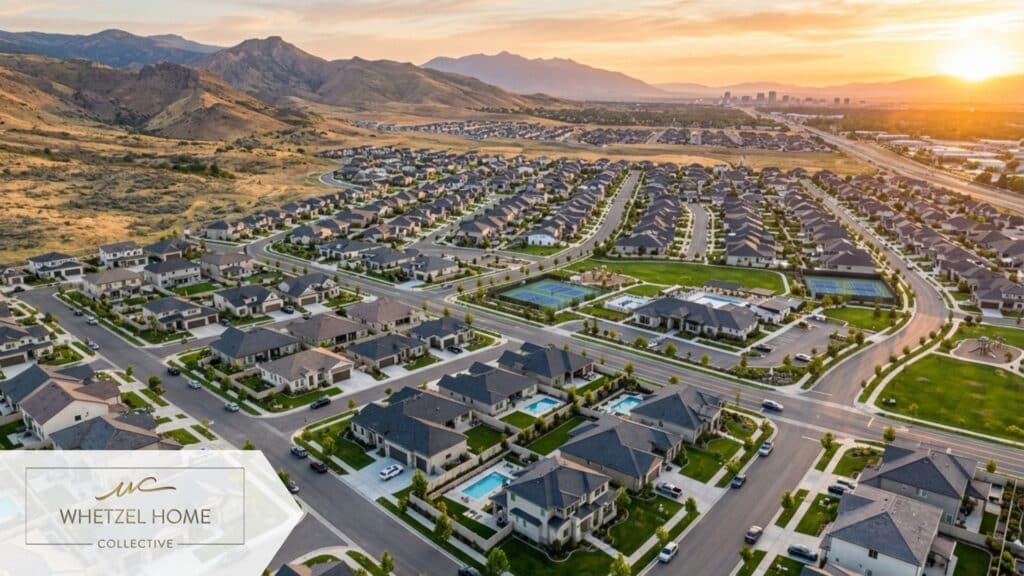 A photorealistic aerial view of a pristine, modern suburban neighborhood in the American West during golden hour, neatly lined houses with manicured lawns, representing a large real estate investment portfolio, high resolution drone photography style.