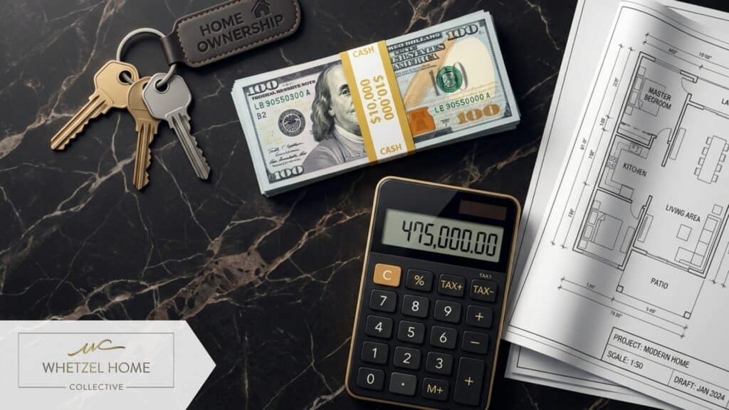A minimalist, high-quality flat-lay illustration of real estate financial concepts, featuring a set of house keys, a stack of crisp one hundred dollar bills, a calculator, and architectural blueprints on a dark marble surface, dramatic studio lighting.