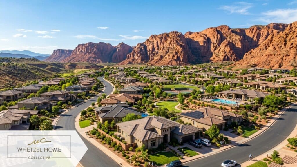 A panoramic, photorealistic shot of a thriving, upscale residential neighborhood in Southern Utah with striking red sandstone mountains in the background, a clear bright blue sky, vibrant natural colors, taken on a sunny afternoon.