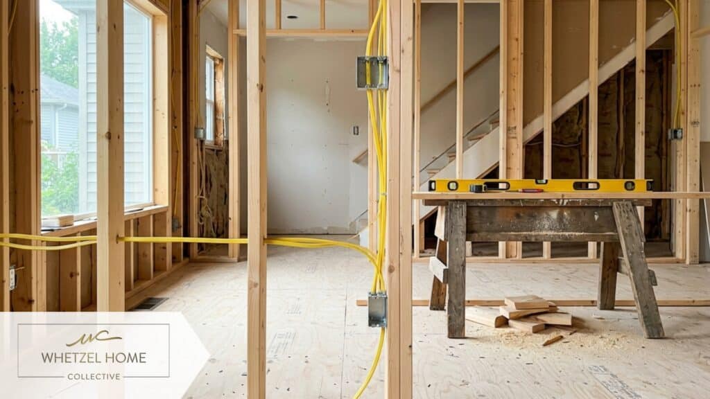 A high-quality architectural interior photograph of a modern living room renovation in progress. The space features exposed wooden framing, new bright yellow electrical wiring neatly running through the studs, and fresh subflooring. Tools and a spirit level are resting on a sawhorse in the background. Clean, well-lit workspace, hyper-detailed.