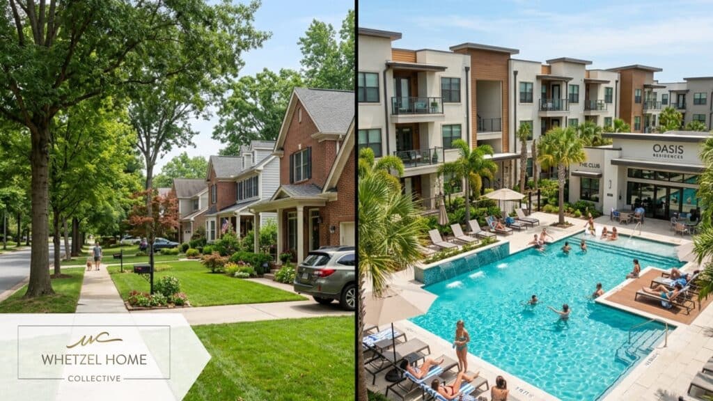 A split-screen photorealistic image. On the left side, a quiet traditional suburban street with mature trees and family homes. On the right side, a vibrant resort-style townhome complex with a shared luxury pool and modern amenities. Bright daytime lighting, sharp contrast in lifestyle aesthetics, high resolution.
