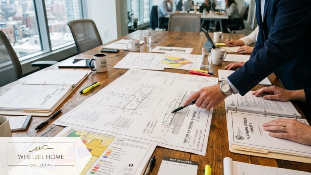 A photorealistic close-up of a large conference table in a modern office, showing detailed zoning maps, blueprints, and municipal documents spread out, soft natural light coming from a large window, professional atmosphere.