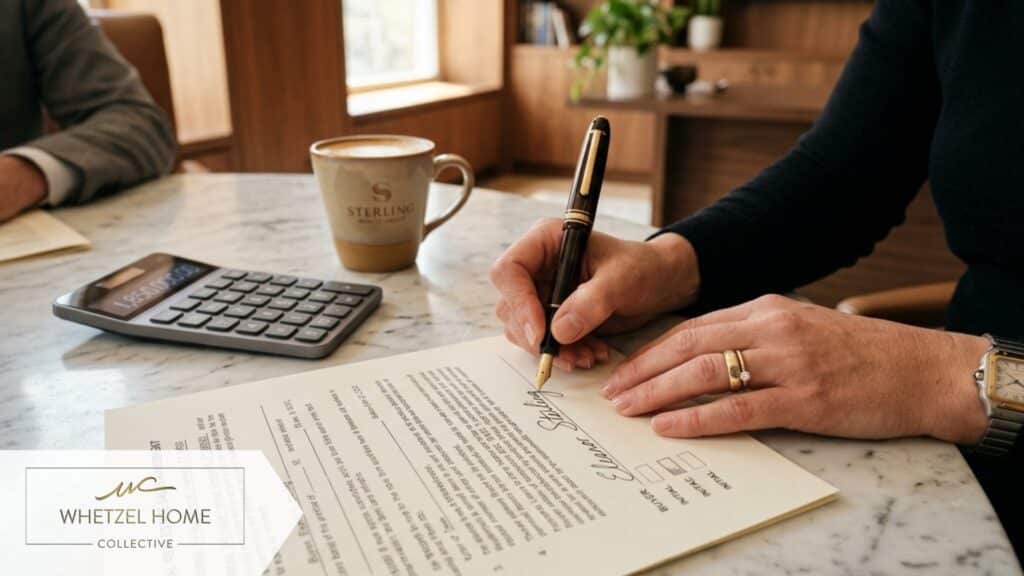 A close-up shot of a person's hands signing an official real estate document with a luxury fountain pen, a sleek modern calculator and a cup of coffee nearby on a marble table, photorealistic, shallow depth of field, warm tones.