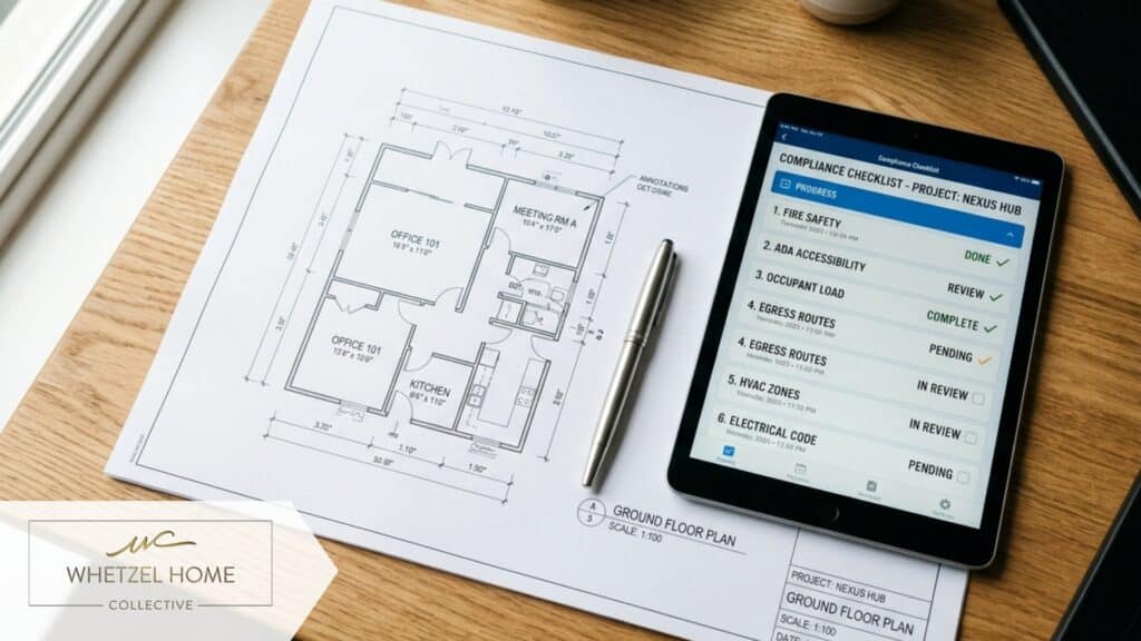 A photorealistic close-up flat lay on a modern wooden desk showing a crisp architectural floor plan blueprint next to a digital tablet displaying a compliance checklist, a sleek silver pen, soft natural window lighting, shallow depth of field, professional corporate aesthetic.