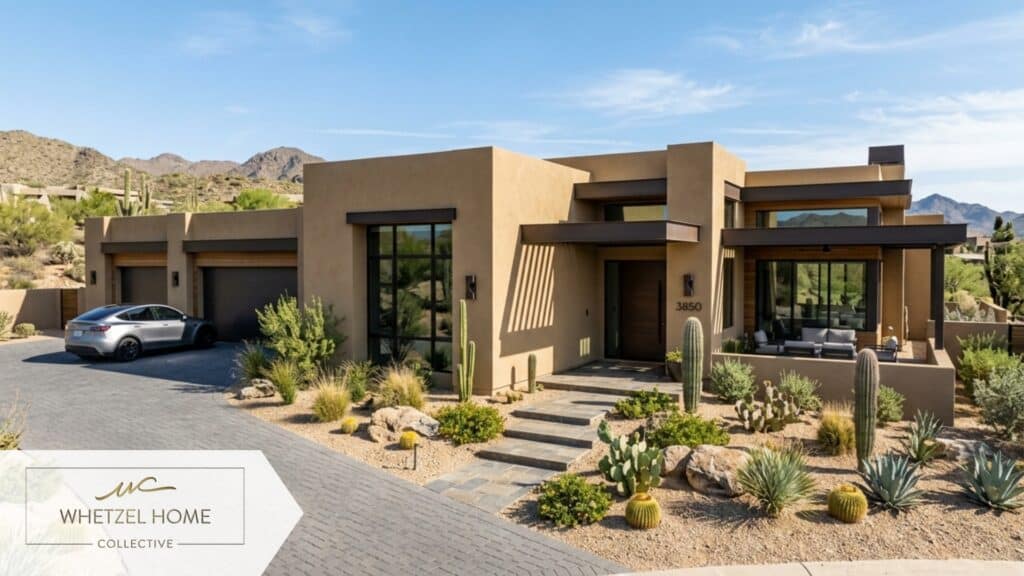 A beautiful modern desert home exterior with stucco walls and dark trim, xeriscaped front yard with native cacti and rocks, paved driveway, sunny day, deep shadows, professional real estate photography, photorealistic