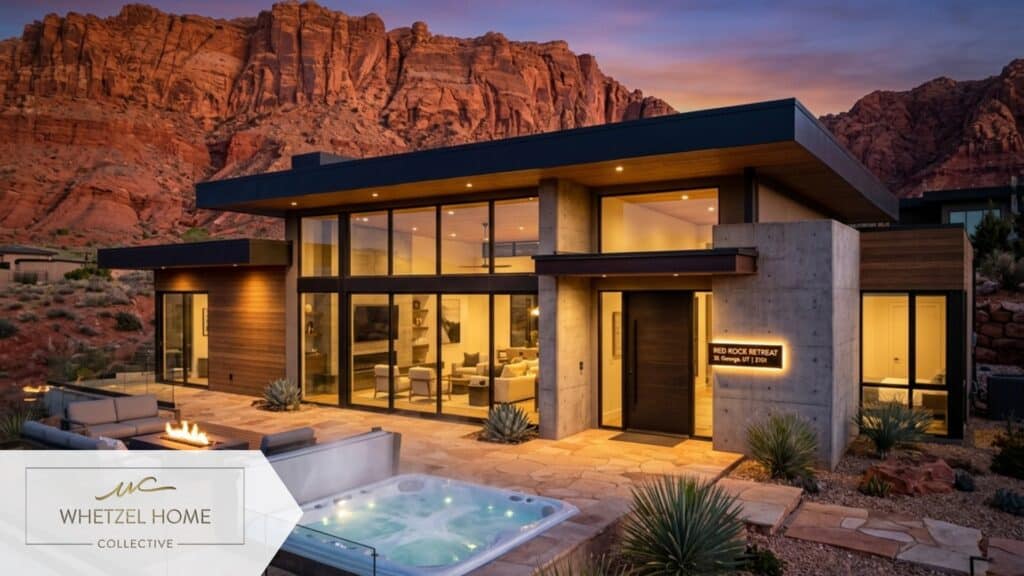 A high-end modern desert vacation home in St. George Utah featuring large glass windows, a private hot tub, and a small illuminated sign at the front door, twilight lighting, vibrant red rocks in the background, architectural digest style.